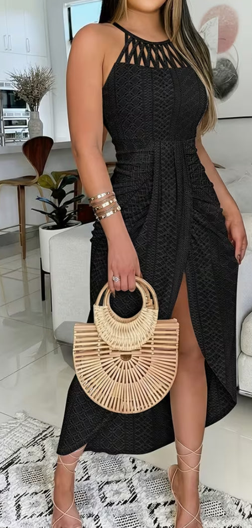 Elegant Crochet Halter Neck Dress with Cross Straps | Slight Stretch Fabric, Solid Color