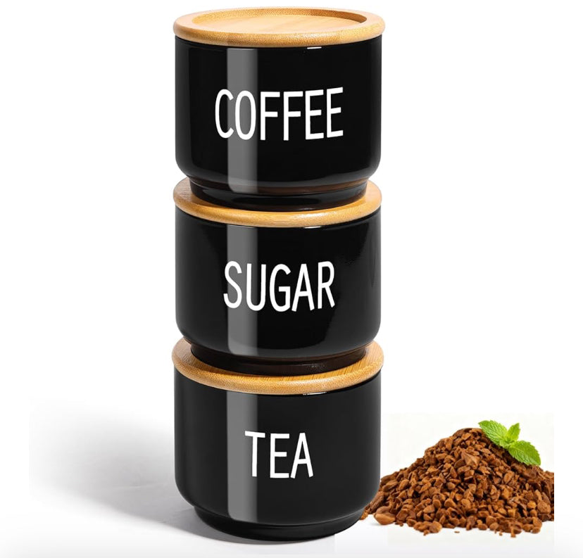 Tea Coffee Sugar Canisters, 450mL Glass Black Tea Coffee and Sugar Canisters Set of 3, Stackable Glass Jars with Airtight Bamboo Lids, Lightproof Containers for Home Kitchen Food Storage