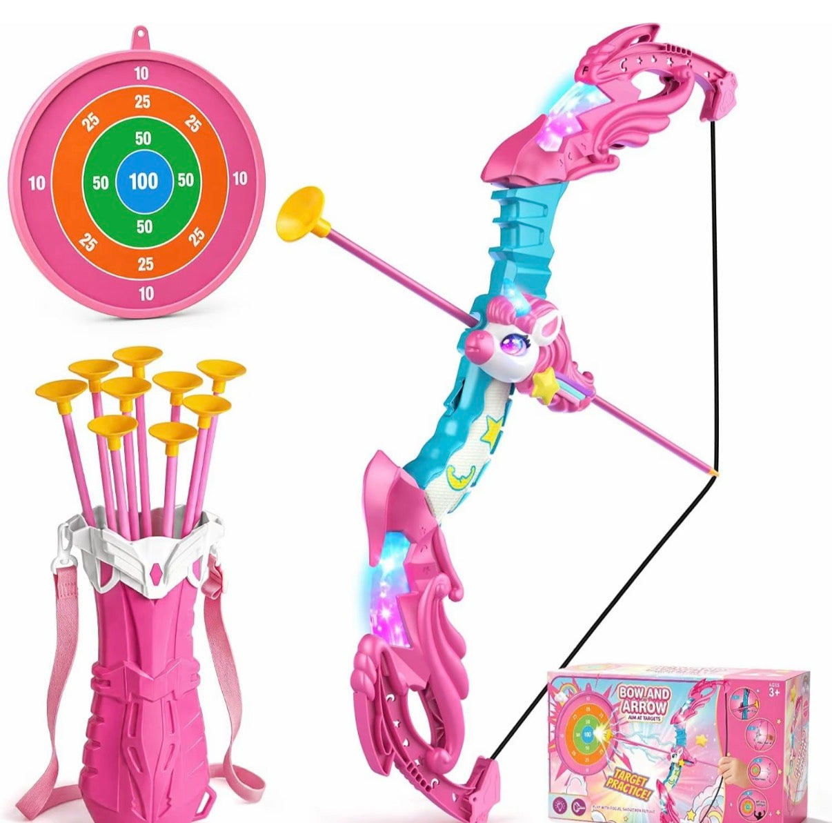 Unicorn Glowing Bow Set, Safe Soft Head Suction Arrows, Enhances Focus