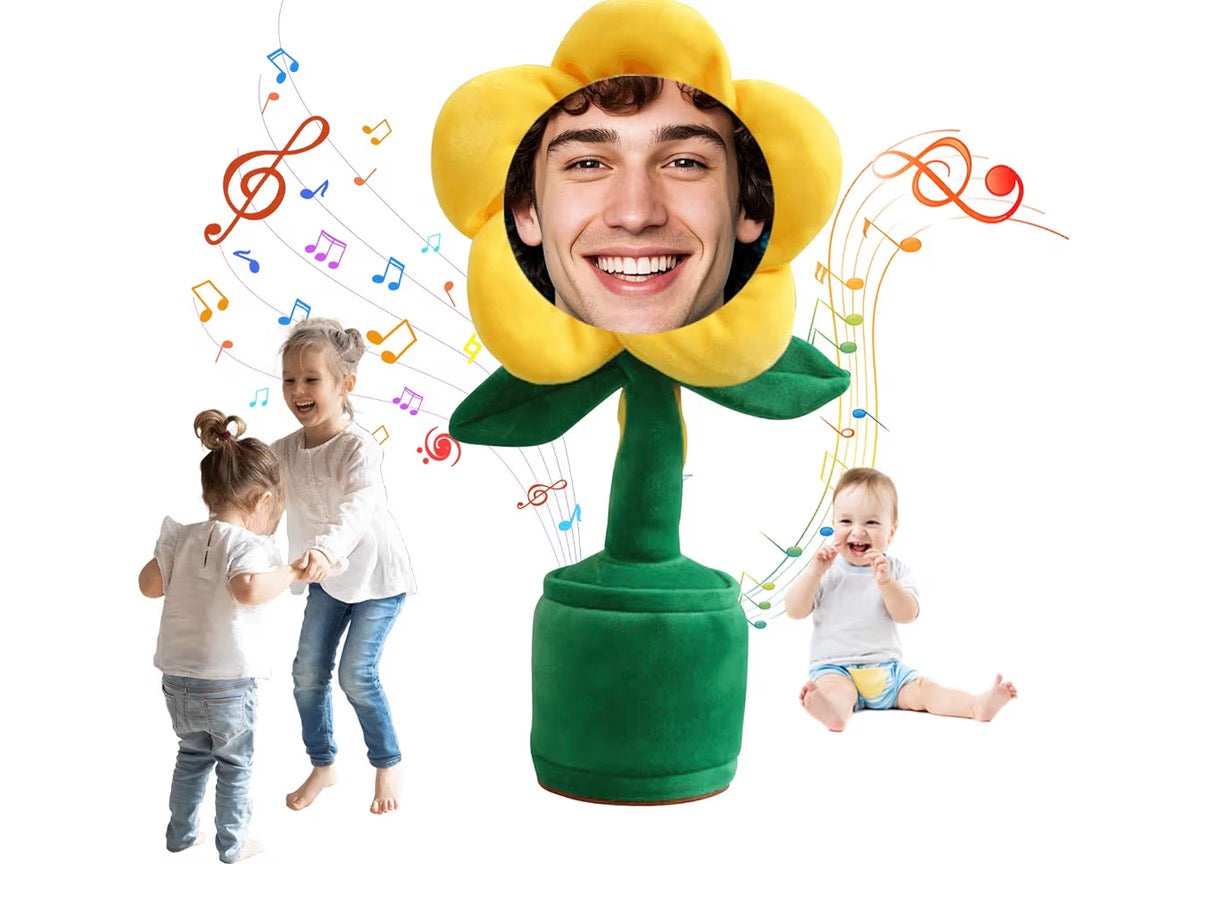 Personalised Singing Dancing Sunflower Plush Toy - Custom Face Photo Gift For Kids, Interactive Sensory Birthday Present With Music & Moves (Includes Keepsake Gift Box) (Yellow)