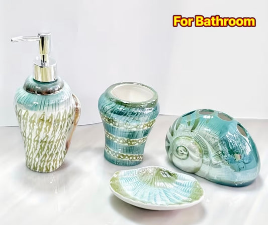Ocean Conch Sea Shell Ceramic Bathroom Additions Set of 4, 1 Gargle Cups 1 Toothbrush Holders 1 Soap Dishes 1 Soap Dispenser
