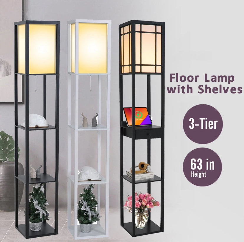 Floor Lamp with Storage Shelf Standing Light Linen Shade Bedroom Livingroom Wood