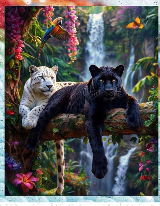 Black White Leopard Jungle Waterfall Diamond Painting Kit