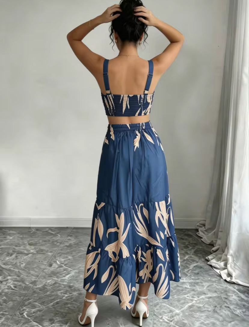 Bohemian Blue Leaf Print Midi Dress