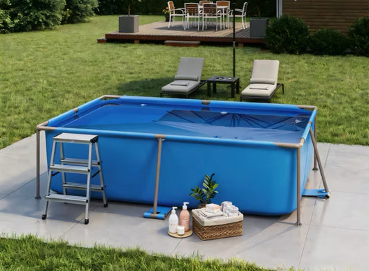 2.2x1.5m Metal Frame Swimming Pool, Round Above Ground Garden Pool with Reinforced PVC Liner, Easy Setup Outdoor Family Paddling Pool – Blue