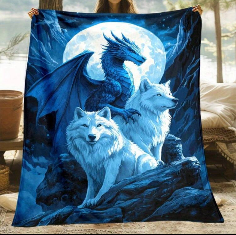 Digital Wolf Print Decorative Blanket - Soft Polyester Flannel Blanket With Dragon & Wolf Design, Lightweight & Comfortable, Suitable For Sofa, Bed, Travel, Office And As An Ideal Gift For Family And Friends