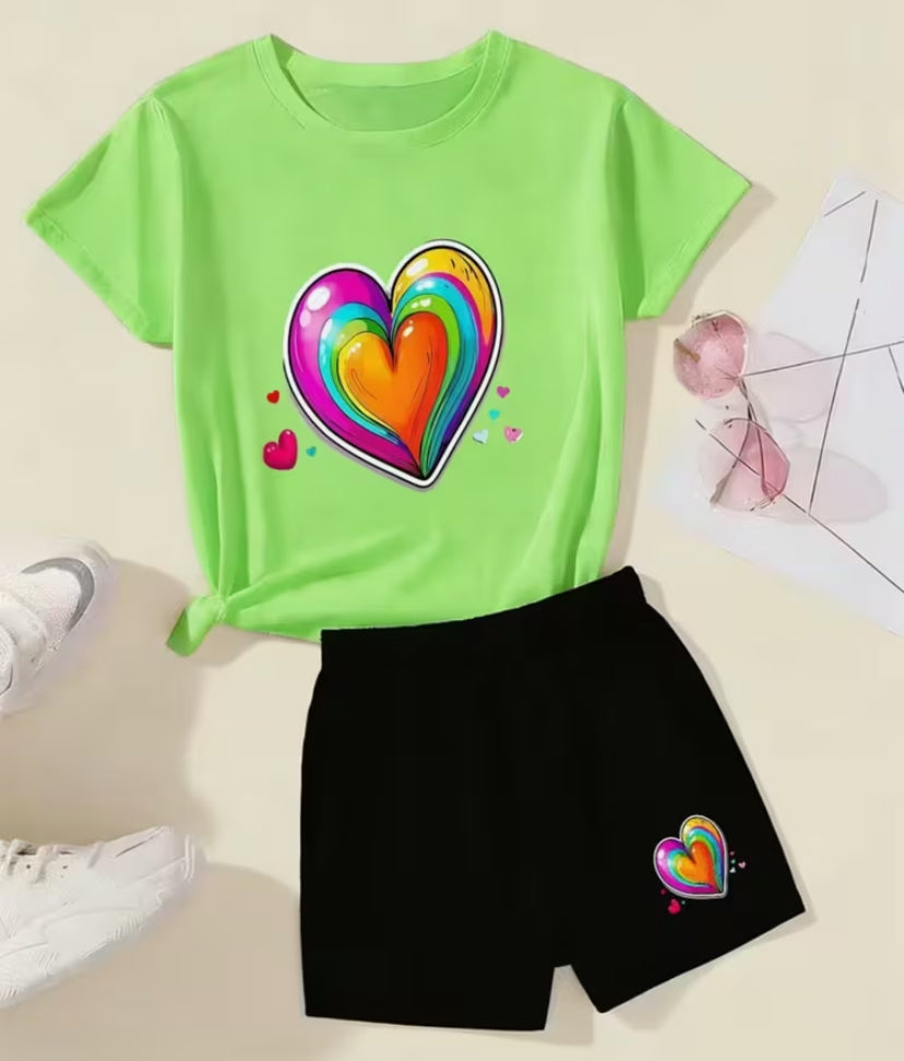 Cute Cartoon Rainbow Heart-Shaped Girls' Short Sleeve and Shorts 2pcs Set