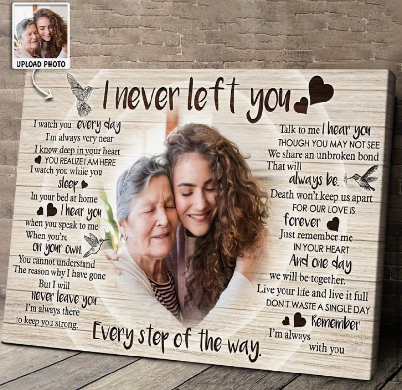 2D Flat, 2D Flat, Personalized Memorial Canvas "I Never Left You" - Heartfelt Tribute to Mother Or Father, Custom Portrait with Loving Message, Artistic Decor for Bedroom, Living Room, Home Office - Solid Wood Frame, Indoor Use