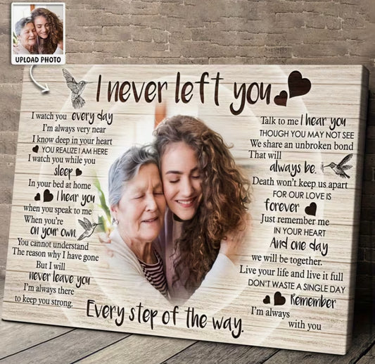 2D Flat, 2D Flat, Personalized Memorial Canvas "I Never Left You" - Heartfelt Tribute to Mother Or Father, Custom Portrait with Loving Message, Artistic Decor for Bedroom, Living Room, Home Office - Solid Wood Frame, Indoor Use