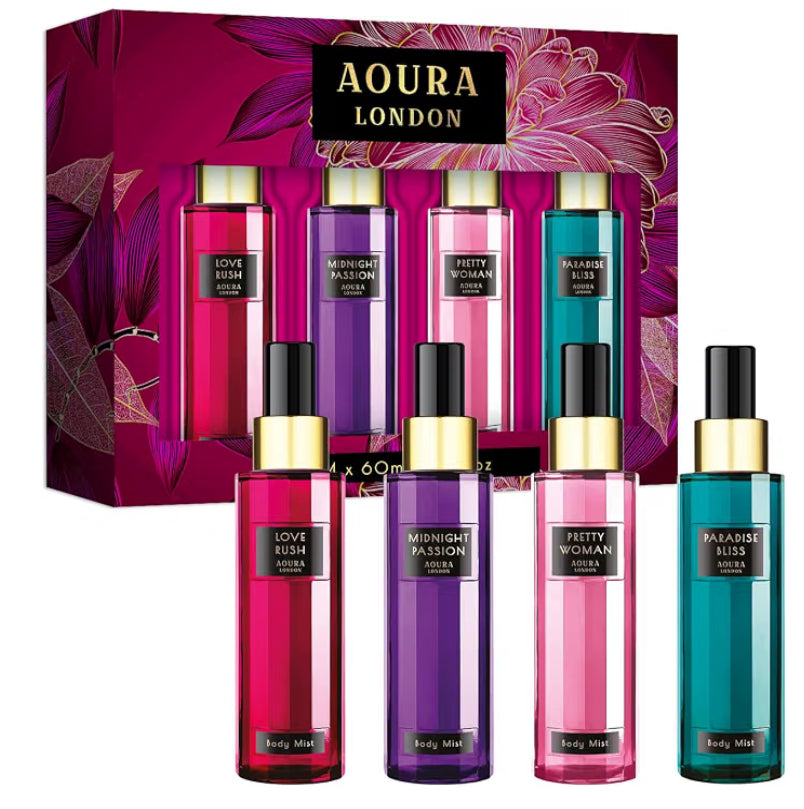 AOURA LONDON Collection Womens Body Mist Gift Set, with Midnight Passion, Love Rush, Pretty Woman, & Paradise Bliss, Fragrance Spray Set (4x60ml)