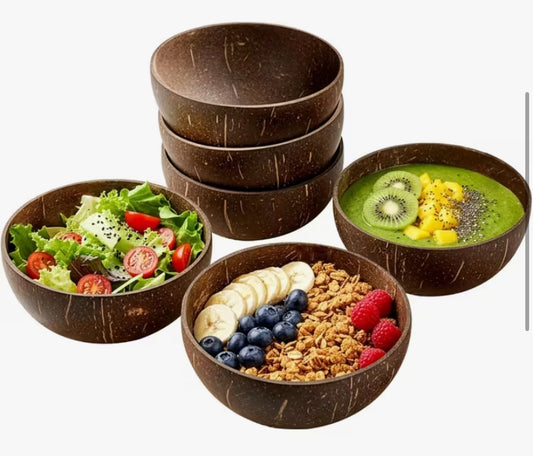 1 Set of 4pcs: Two Coconut Bowls and Two Wooden Spoons, Healthy Vegan Salad Bowl & Smoothie Cups, Natural Raw Coconut Serving Dishes