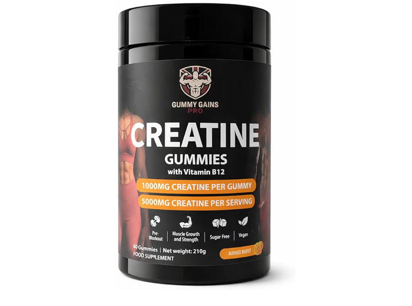 Creatine Gummies 5000mg per Serving (Micronised Creatine Monohydrate) – Vegan, Sugar-Free, with Vitamin B12 – Chewable Muscle Strength & Recovery – 60 Gummies (Mango)