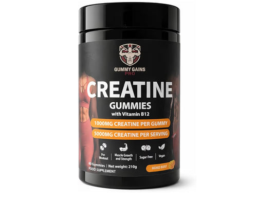 Creatine Gummies 5000mg per Serving (Micronised Creatine Monohydrate) – Vegan, Sugar-Free, with Vitamin B12 – Chewable Muscle Strength & Recovery – 60 Gummies (Mango)