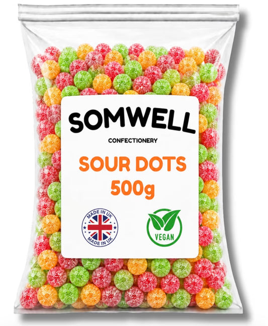 Somwell - Sour Dots 500g - Classic Traditional British Sweets - Chewy Fruit Flavoured Tangy Treats - Halal Sweets - Jelly Retro Candy for Assorted Pick & Mix and Parties - Suitable for Vegans