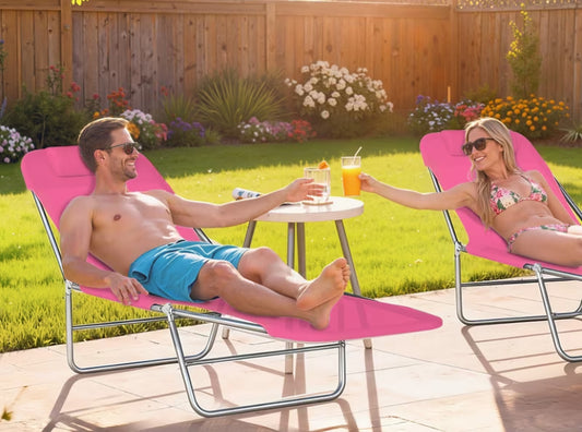 Outdoor Foldable Sun Lounger, Adjustable Backrest Garden Recliner Sun Lounger Chair with Headrest Pillow, Pink
