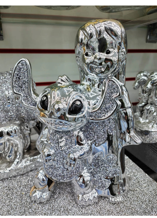Bling Crushed Diamond Silver lilo & Stitch Ceramic Sparkly Shelf Sitter Ornament