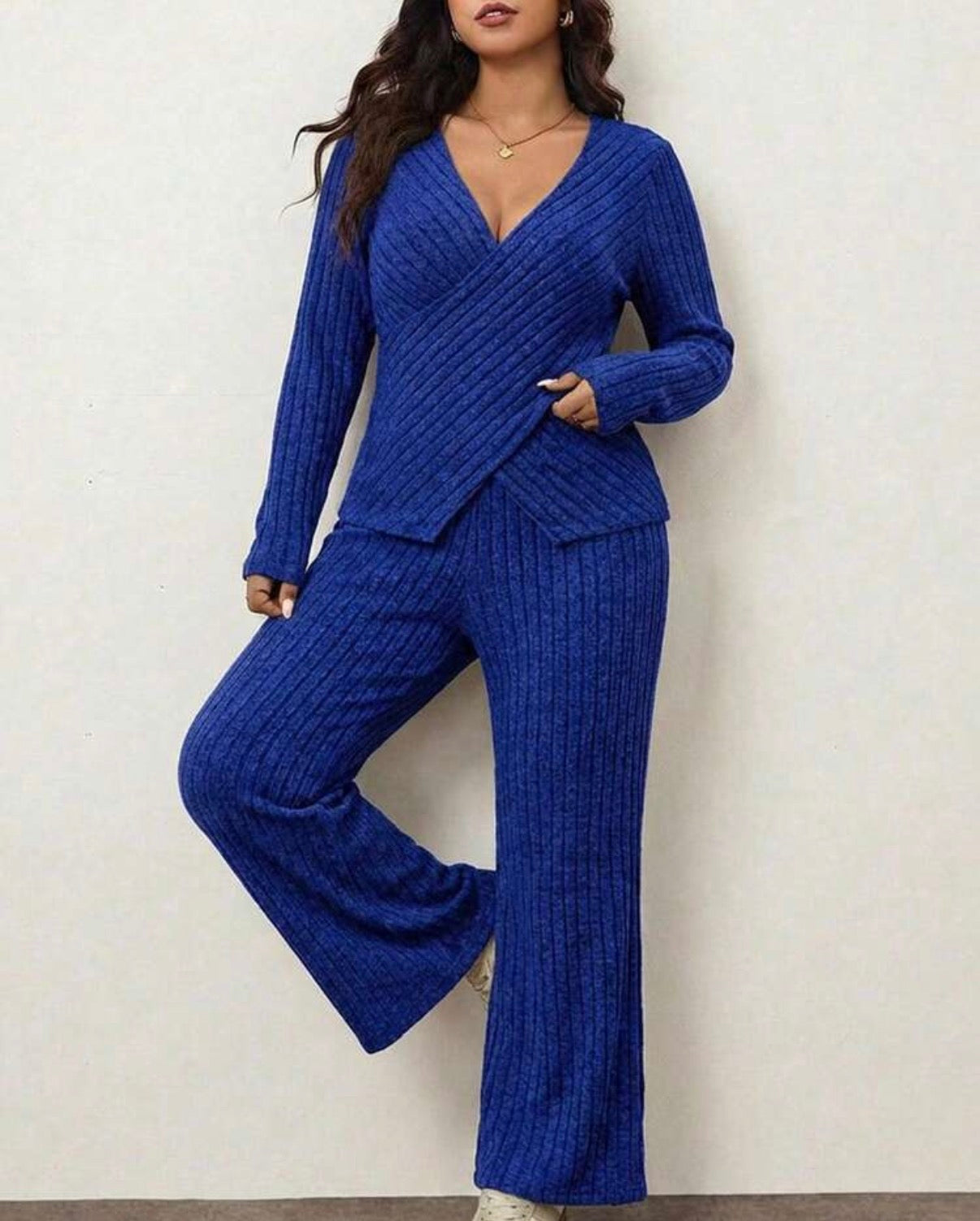 Soft Knit Ribbed Fabric Criss-Cross Wrap Long Sleeve T-Shirt + Soft Ribbed Wide Leg Pants