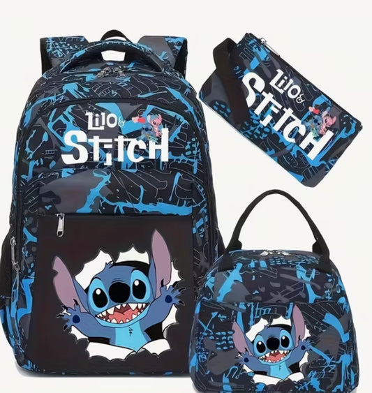 3pcs Stitch Storage Bag Set - Preppy Nylon with Adjustable Straps, Zipper Closure, Tablet Compartment - Includes Lunch Bag and Pencil Case