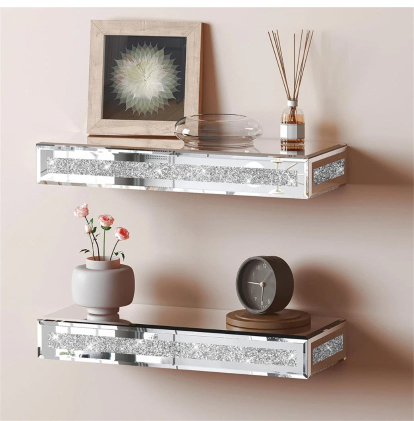 Mirrored Diamond Crush Floating Wall Shelf Crystal Modern 38x15cm Sparkly Bling