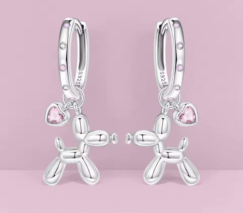 925 Sterling Silver Pink Heart Balloon Dog Drop Earrings