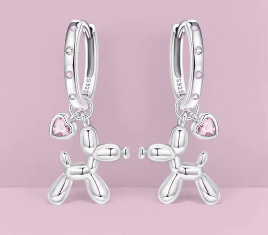 925 Sterling Silver Pink Heart Balloon Dog Drop Earrings