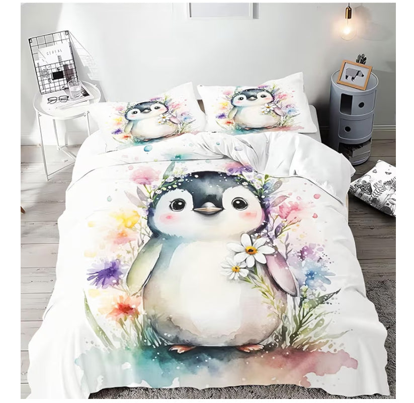 Penguin Bed Linen Penguins Children's Bed Linen for Boys Girls, Flannelette Bed Linen Set, 3D Print, 100% Microfibre, Penguin Duvet Cover and Pillowcase
