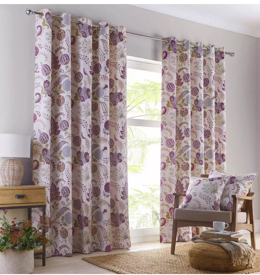 Eyelet curtains lined window or door drapes new lavender thistle pattern print