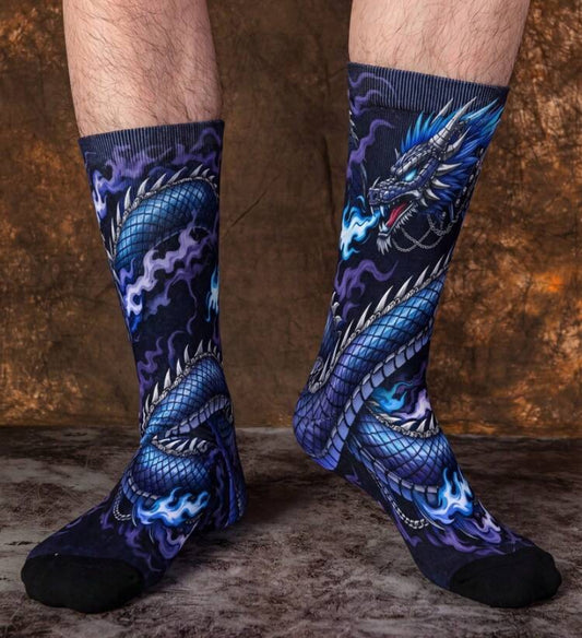 3x Pairs Men's Gothic Style Blue Flame Dragon Mid-Calf Socks, 3D Printed Dragon Pattern Casual Socks, Street Wear For Dragon Enthusiasts