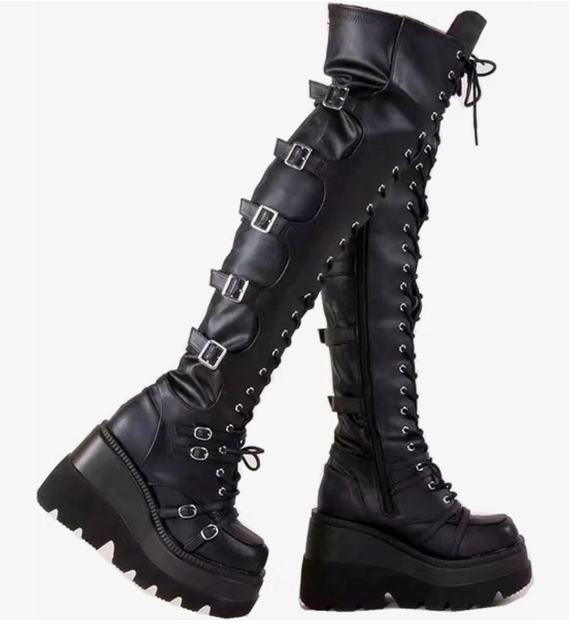 Platform Boots Over Knee Thigh High Goth Boots for Women Chunky Heel