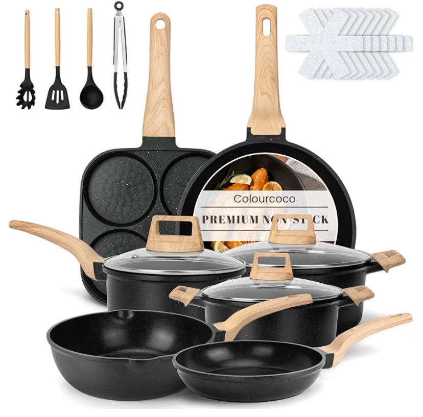 Pots and Pans Sets - 21 Pieces Non Stick Granite Coating Pans with Handles & Lids, Induction-Compatible Cooking Set with Utensils, Pads and Stockpot, Oven safe