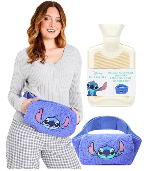 Disney Stitch Wearable Hot Water Bottle Period Pain Relief Belt Plush Hot Water Bag Fluffy Waist Cover Hand Pockets Wrap Around for Endometriosis Cramps