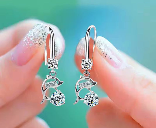 Sterling Silver Crystal Dolphin Drop Earrings For Women
