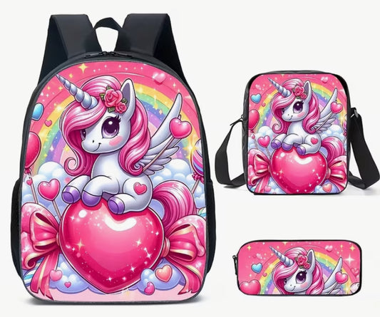 Three-Piece Set Unicorn Pattern Backpack, Lightweight Outdoor Leisure Bag, Three-Piece Set Includes Backpack, Crossbody Bag, And Pencil Case