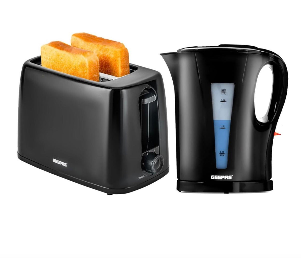 GEEPAS 1.7L Electric Kettle & 2 Slice Bread Toaster Kitchen Combo Set Black