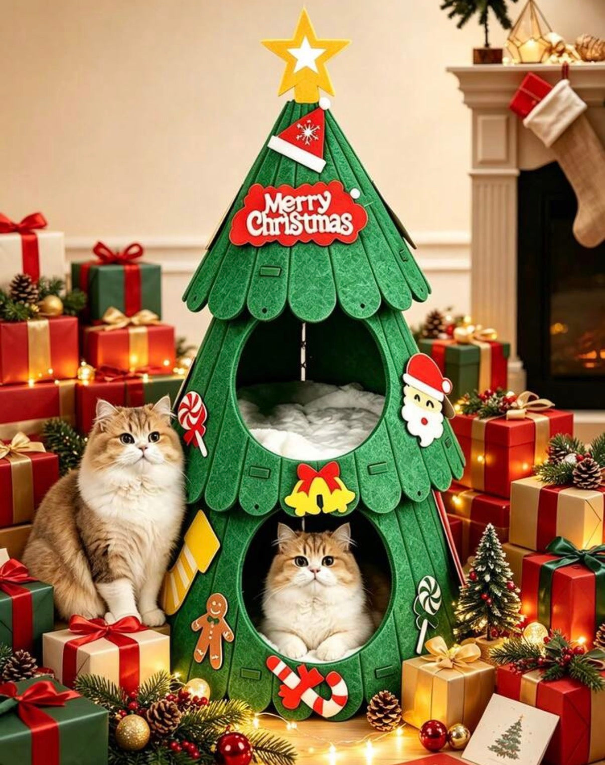 1pc Christmas Tree Shaped Cat Tree, Double-Layer Cave Cat