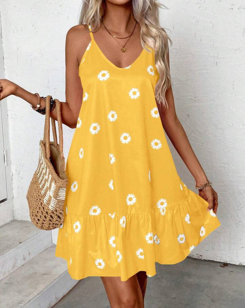 Women's V-Neck Backless Floral Printed Ruffled Hem Dress