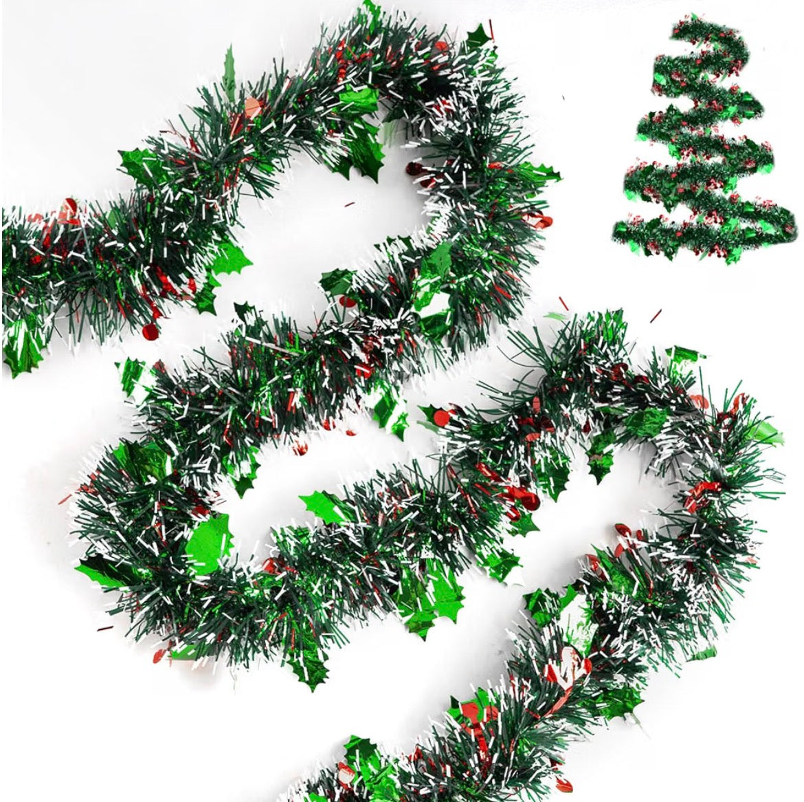Red Green and Gold Christmas Tinsel Garland: 10m x 9cm Metallic Glittery Fluffy Hanging Decorations for Christmas Trees, Wardrobes, Doors