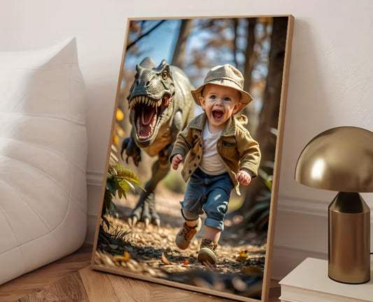 2D Flat, Explorer Boy and T-Rex Creative Portrait Custom Boy Portrait Custom Poster Art Print Canvas Painting Children's Room Decor