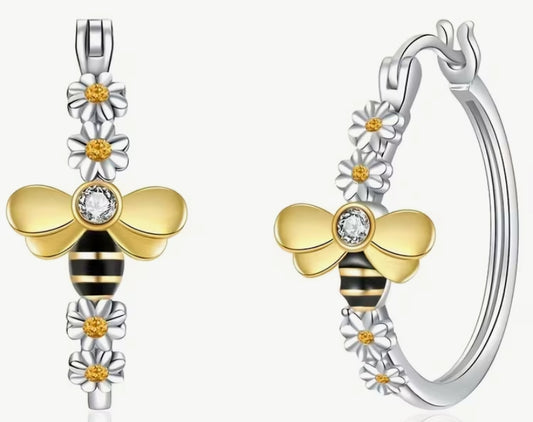 READKISS Women'S Elegant Double-Tone Daisy Bee Circle Earrings - Golden & Floral Design