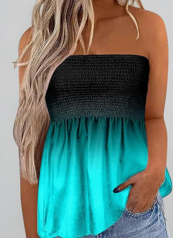 Sleeveless Tops for Women UK Strapless Tube Tops Stretch Pleated Bandeau T Shirts Gradient Printed Boob Tube