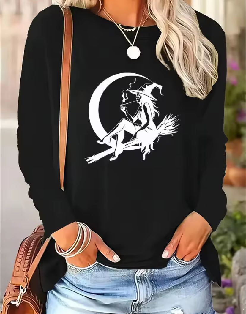 Women 100% Cotton Long Sleeve T-Shirt Drink Up Witches Witch Hat