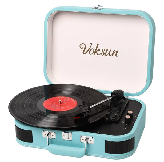 Record Player, VOKSUN Portable Bluetooth Vinyl Turntable with Built-in Stereo Speakers, 3-Speed Belt-Drive Suitcase LP Player, Supports Vinyl to MP3 Recording, AUX/USB/RCA/Headphone Jack