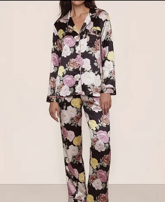 Women's Fashion Casual Comfortable 2pcs Satin Floral Print Turn- Collar Long Sleeve Top & Elastic Waist Pants Sleepwear Set