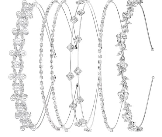 5-Piece Silver Headbands for Women, Bridal Hair Accessories with Rhinestones