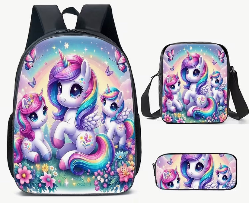 Three-Piece Set Unicorn Pattern Backpack, Lightweight Outdoor Leisure Bag, Three-Piece Set Includes Backpack, Crossbody Bag, And Pencil Case