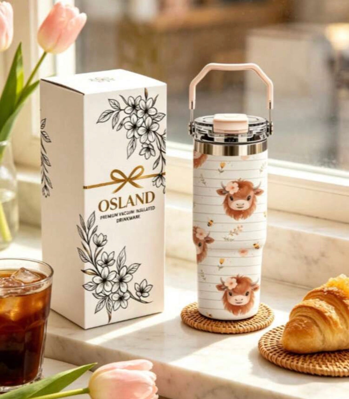 30oz Cow Pattern Insulated Tumbler With Handle And Straw