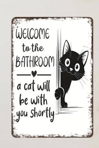 2D Flat, 1pc Vintage Bathroom Sign - Funny Cat Welcome Plaque with Black Cat Peeking in Doorway