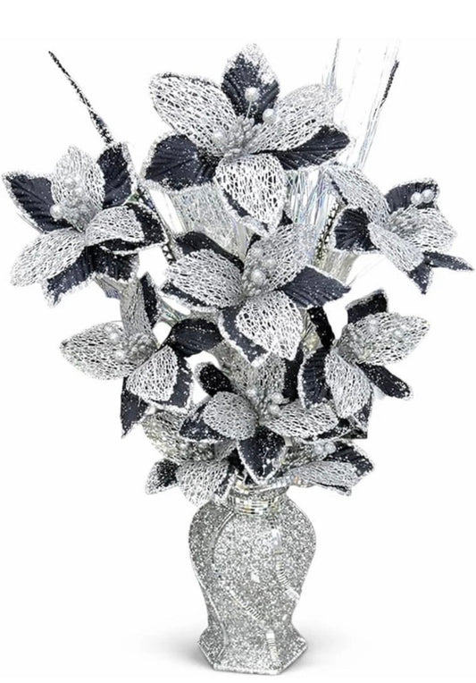 Silver Romany Vase Crushed Diamond with Silver & Black Flower Arrangement  H65cm