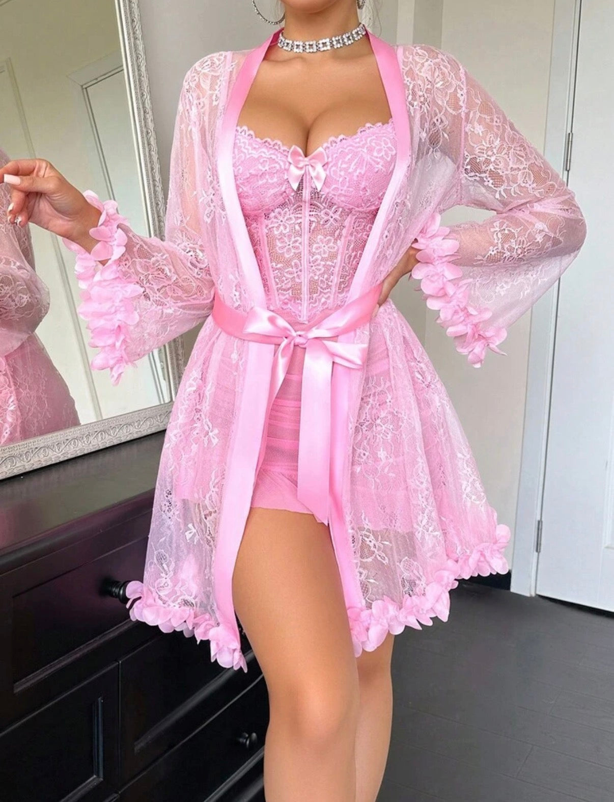 3D Floral Decor Lace Robe + Boning Waist Design Lace Cami Nightgown 2pcs Set
