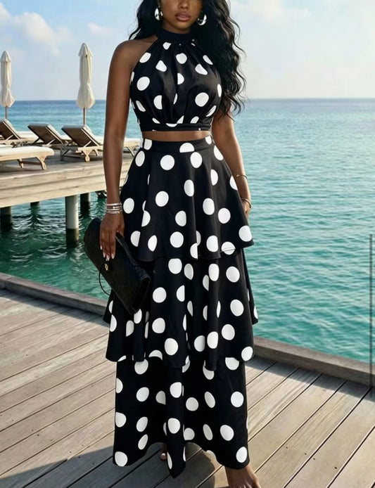 New Summer Polka Dot Print Elegant Halter Neck Camisole Top with Elegant Vacation Style Multi-Layered Skirt